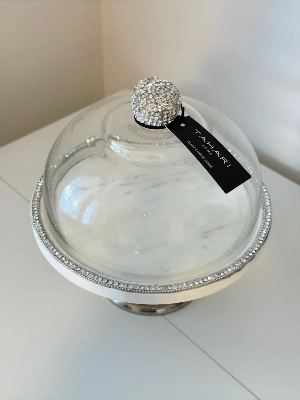 Tahari Home Glass Cheese Dome Cake Stand Marble Rhinestone Pedestal Server 10.5”